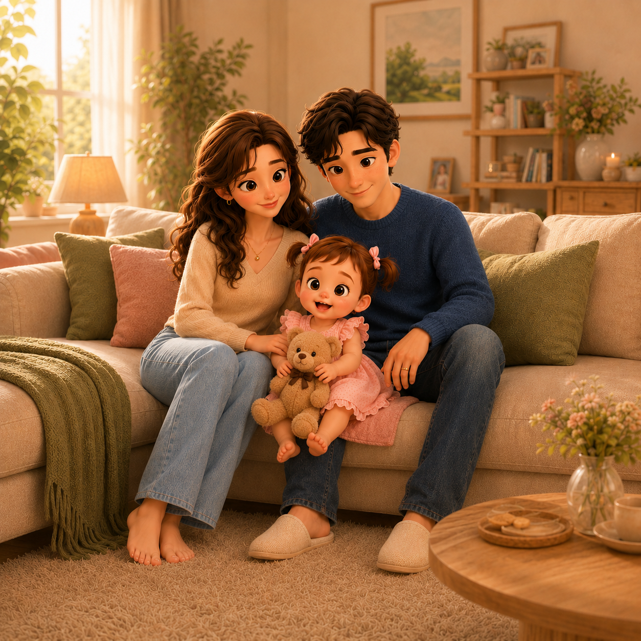 Mia sharing a warm living-room moment with Mama and Papa