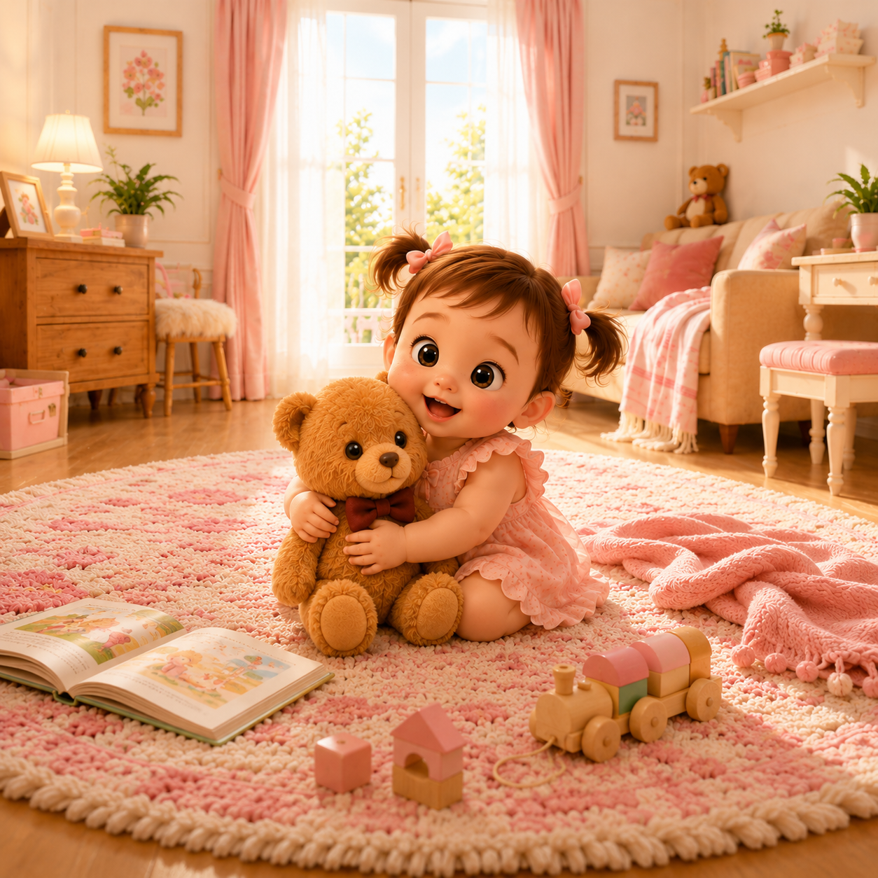 Mia cuddling her teddy bear among a storybook, wooden toys, and a soft blanket